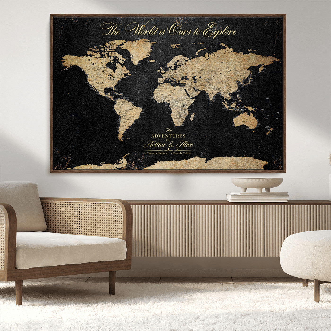 MGV-FC-36X24 - Personalized World Map Wall Art Canvas Print – Custom Push Pin Travel Map for Couples, Families, or Office Décor