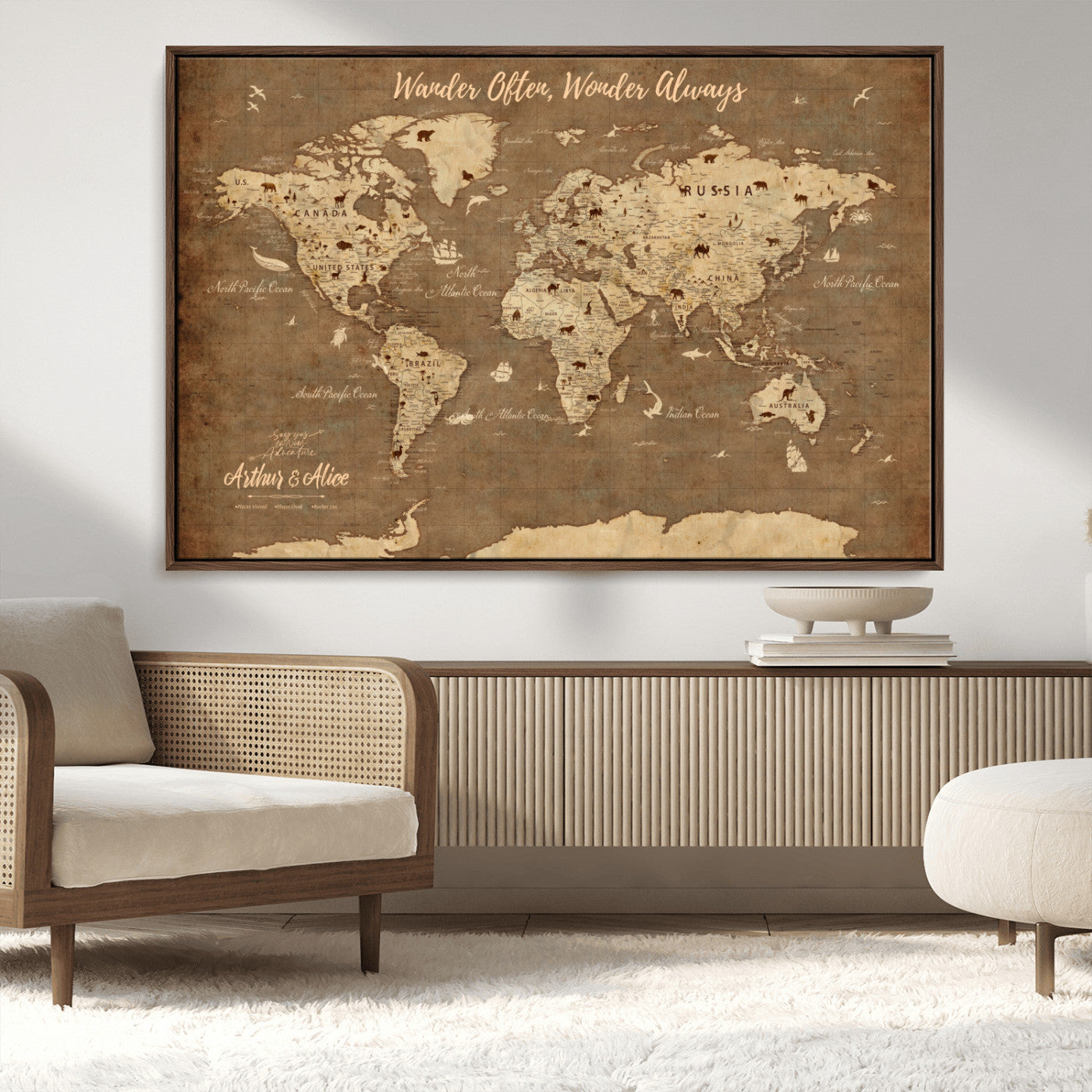 MGV-FC-36X24 - Personalized World Map Wall Art Canvas Print – Custom Push Pin Travel Map for Couples, Families, or Office Décor