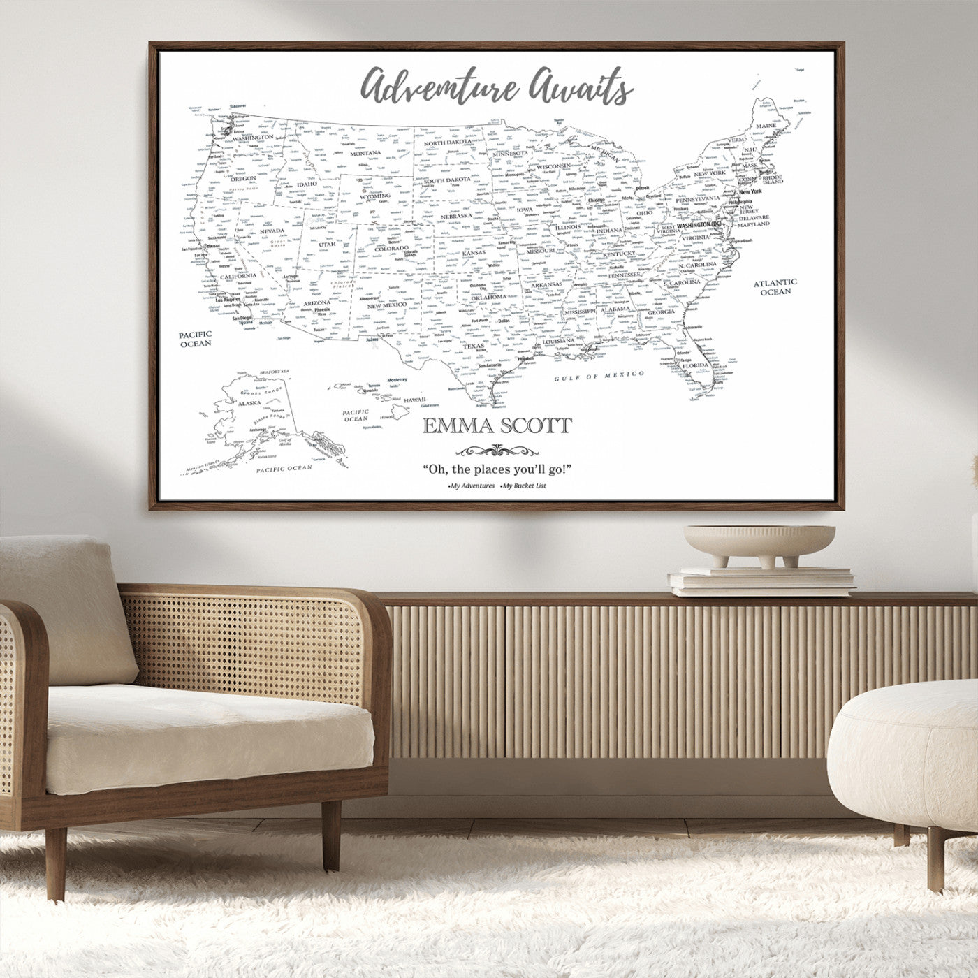 MGV-FC-36X24 - Personalized US Map Wall Art Canvas Print – Custom Push Pin Travel United States US Map for Couples, Families, or Office Décor