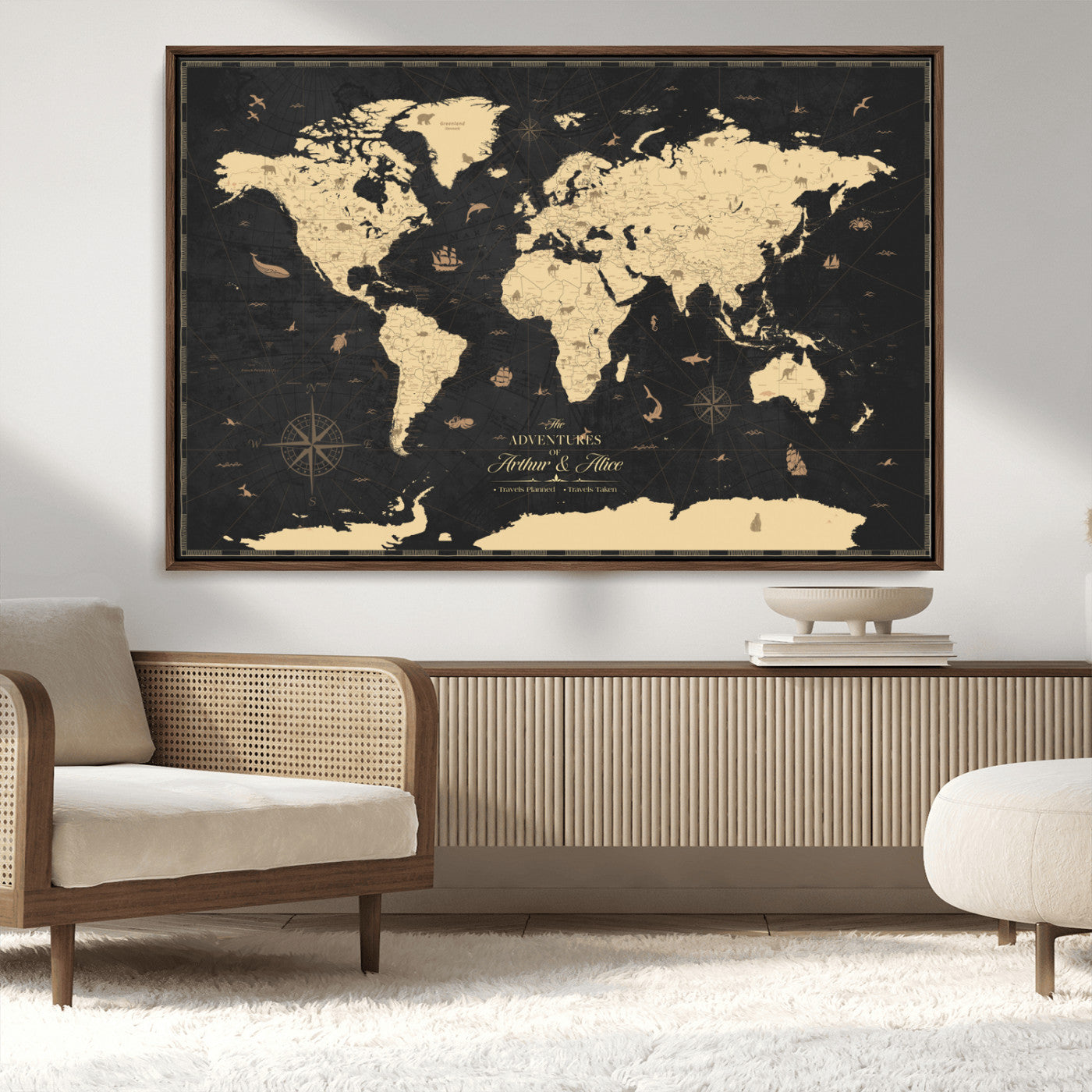 MGV-FC-36X24 - Personalized World Map Wall Art Canvas Print – Custom Push Pin Travel Map for Couples, Families, or Office Décor