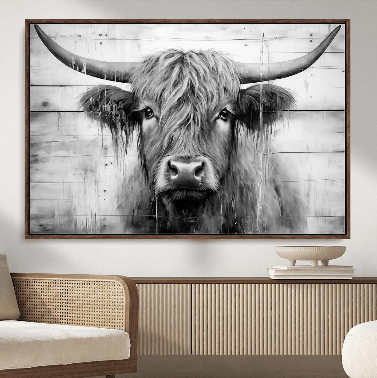 1001HASAN27-MGV-FC-36X24 - Black White Highland Cow Wall Art Canvas Print
