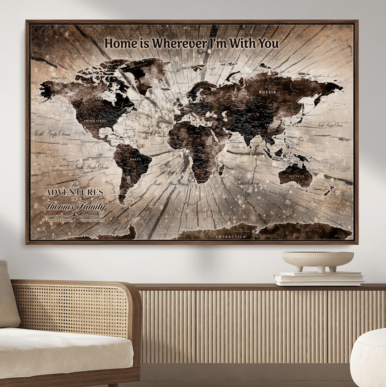 72371980-MGV-FC-36X24 - Personalized World Map Wall Art – Customizable Push Pin Framed Canvas Print Unique Travel Decor for Home, Office