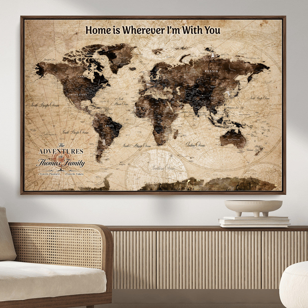 31398786-MGV-FC-36X24 - Personalized World Map Wall Art – Custom Framed Push Pin Travel Tracker Canvas Print Unique Gift for Home, Office