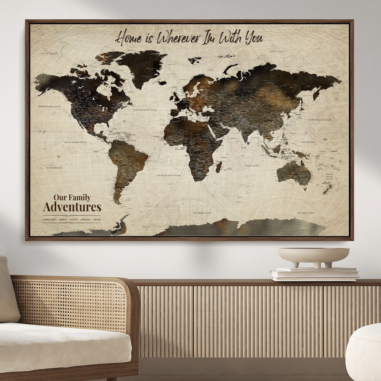 57979837-MGV-FC-36X24 - Personalized Push Pin World Map Canvas Print – Custom Framed Travel Tracker Wall Art Large Map Artwork for Home, Office