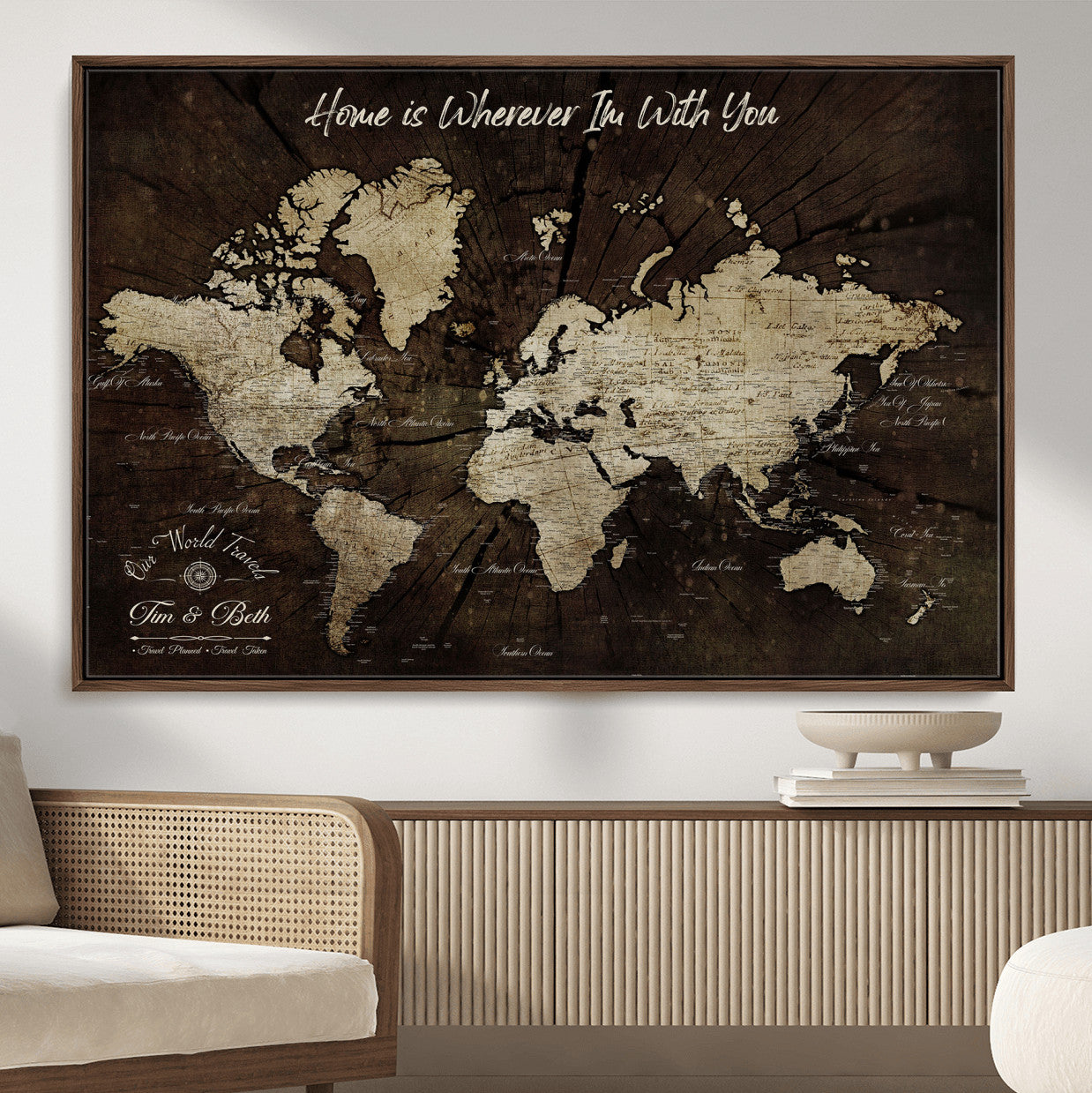 73781397-MGV-FC-36X24 - Personalized World Map Wall Art Canvas Print – Custom Push Pin Travel Map for Couples, Families, or Office Decor