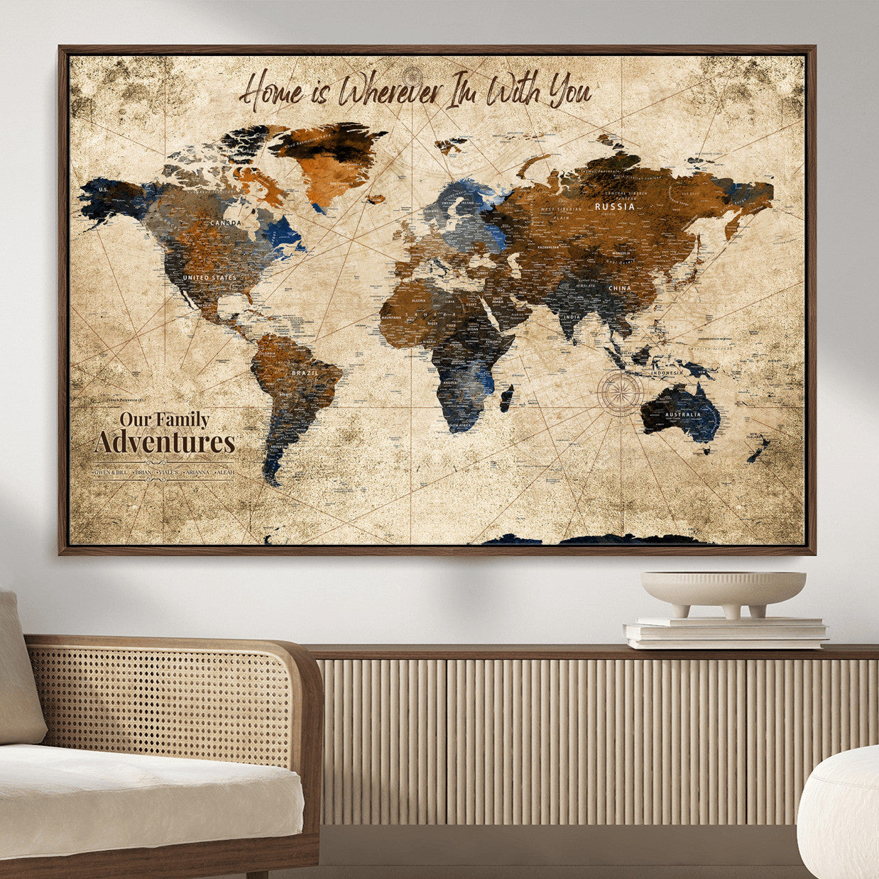 23631534-MGV-FC-36X24 - Customized Push Pin World Map Wall Art Canvas Print with Pins, Personalized Travel Tracker Map, Framed World Map for Living Room, Office and Home Decor