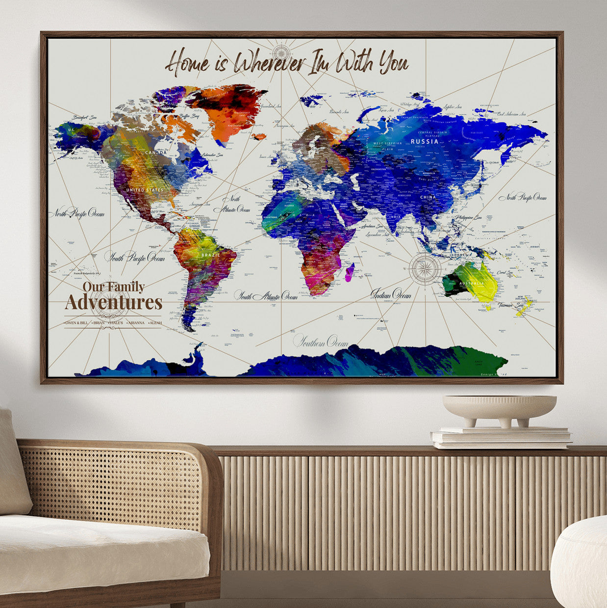 74686301-MGV-FC-36X24 - Customized Push Pin World Map Wall Art Canvas Print with Pins, Personalized Travel Tracker Map, Framed World Map for Living Room, Office and Home Decor