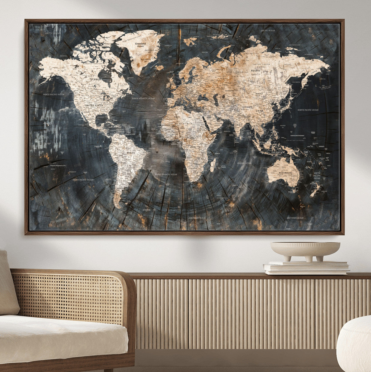 57626704-MGV-FC-36X24 - World Map Wall Art Canvas Print, Modern Decorative Framed Map Artwork Prints for Living Room, Office, Bedroom Wall Decor
