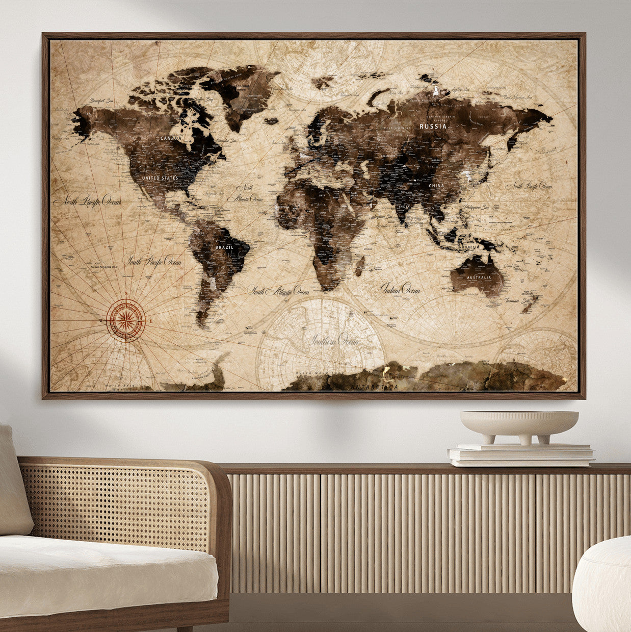 97114757-MGV-FC-36X24 - Vintage World Map Wall Art Canvas Print, Modern Decorative Framed Map Artwork Prints for Living Room, Office, Bedroom Wall Decor