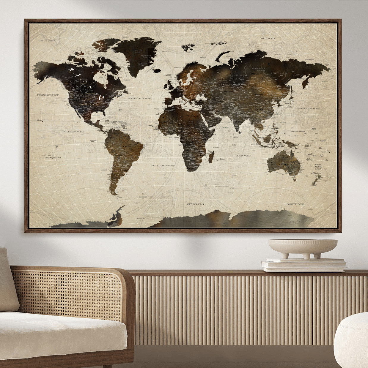 81771296-MGV-FC-36X24 - World Map Wall Art Canvas Print, Modern Decorative Framed Map Artwork Prints for Living Room, Office, Bedroom Wall Decor