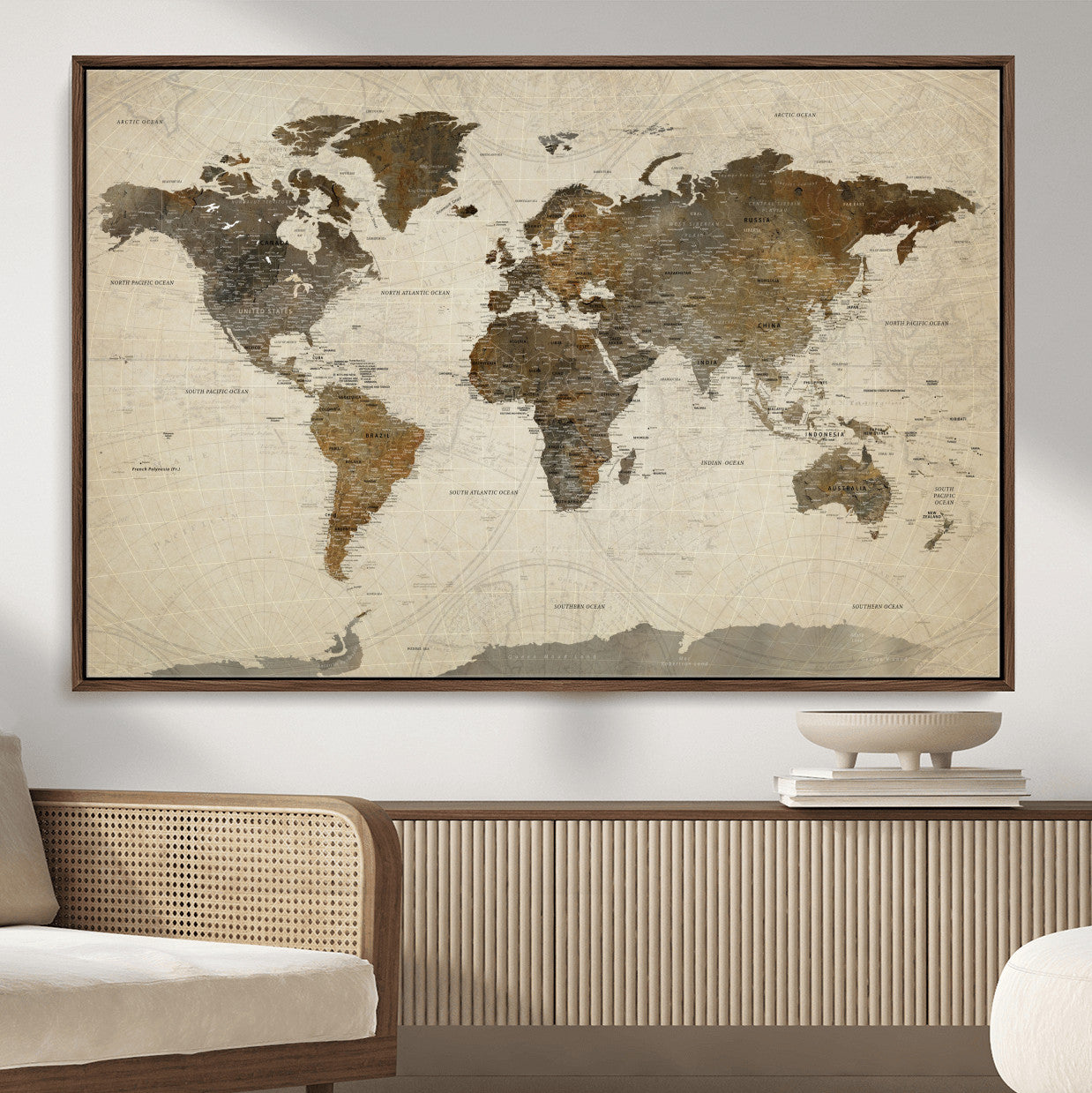 91849163-MGV-FC-36X24 - World Map Wall Art Canvas Print, Modern Decorative Framed Map Artwork Prints for Living Room, Office, Bedroom Wall Decor