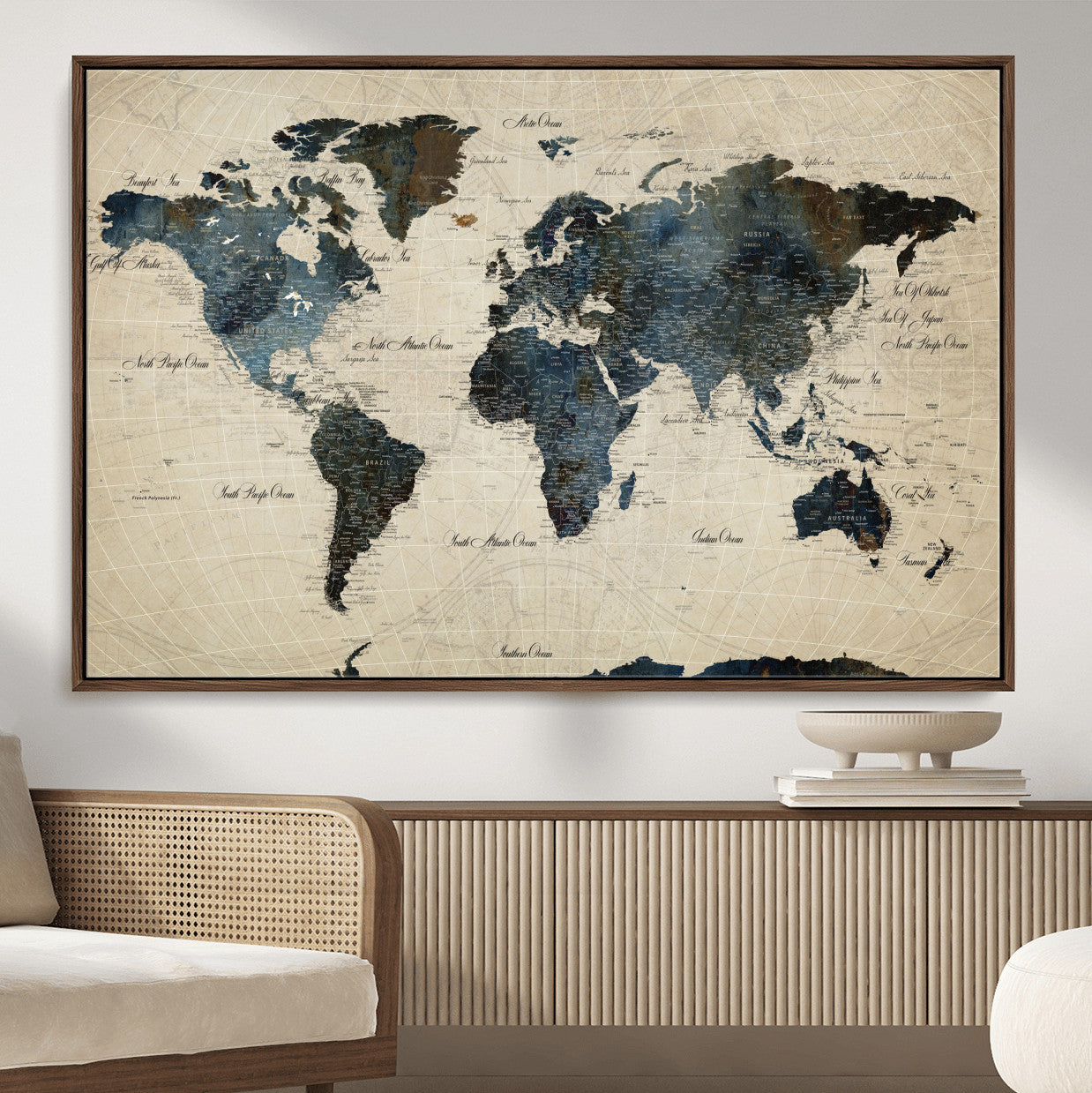 33438443-MGV-FC-36X24 - World Map Wall Art Canvas Print, Modern Decorative Framed Map Artwork Prints for Living Room, Office, Bedroom Wall Decor
