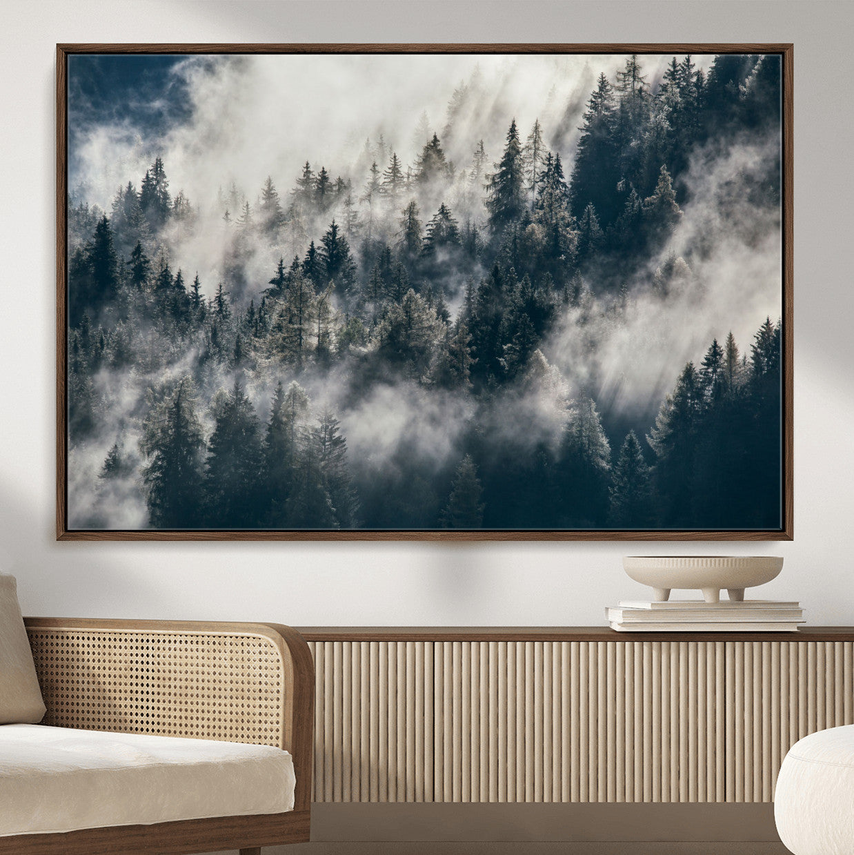270372951-MGV-FC-36X24 - Misty Pine Forest Canvas Wall Art – Dark Forest Mountaing and Nature Landscape Print, Horizontal Canvas Print