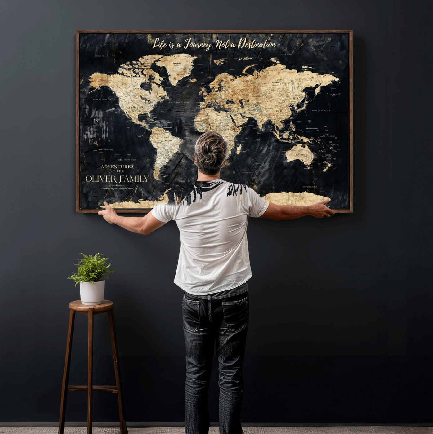 20317961-MGV-FC-36X24 - Customized Push Pin World Map Wall Art Canvas Print with Pins, Framed Personalize Travel Tracker Map, World Map for Living Room and Office Decor