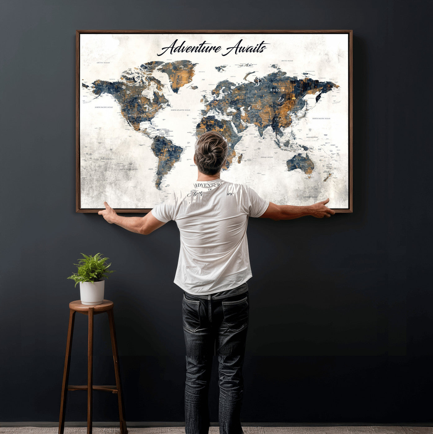 68986086-MGV-FC-36X24 - Customized Push Pin World Map Wall Art Canvas Print with Pins, Framed Personalize Travel Tracker Map, World Map for Office Decor