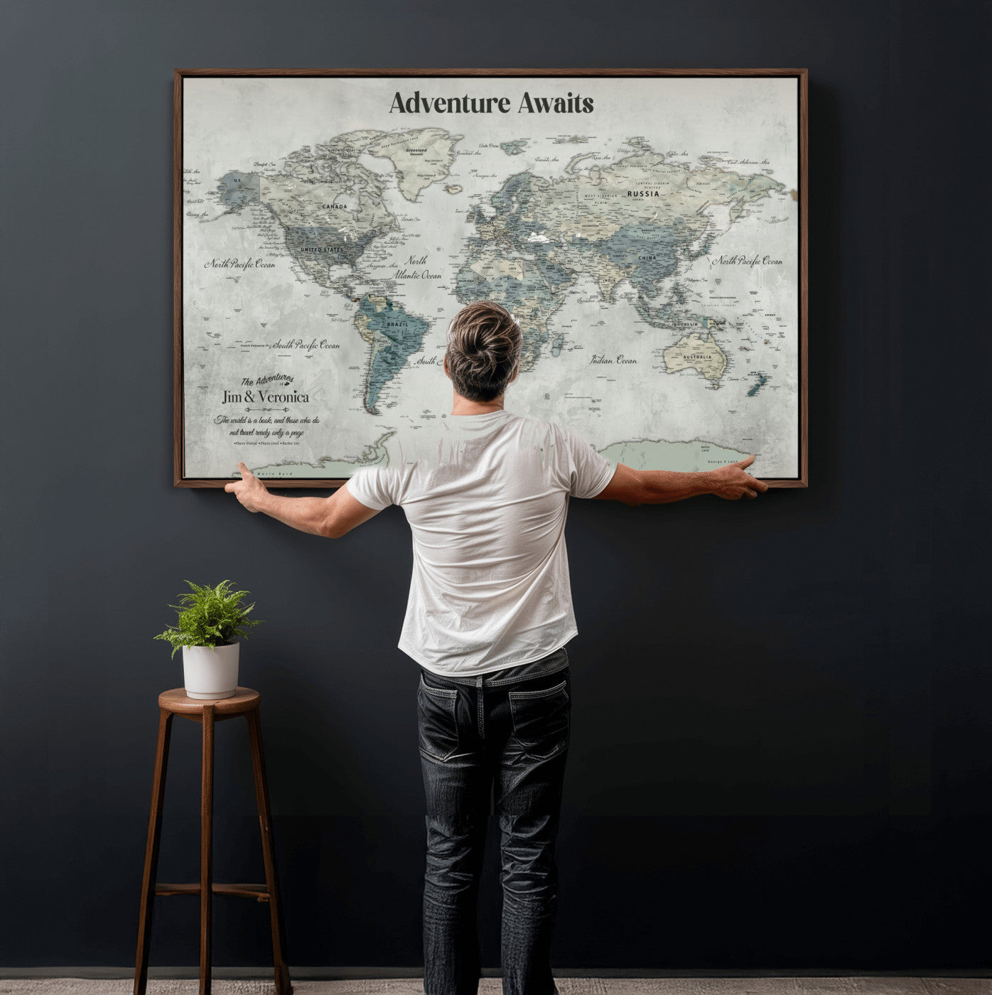 99034689-MGV-FC-36X24 - Customized Push Pin World Map Wall Art Canvas Print with Pins, Framed Personalize Travel Tracker Map, World Map for Living Room and Office Decor