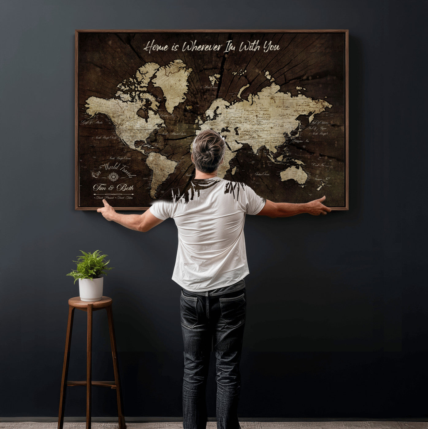 57852913-MGV-FC-36X24 - Customized Push Pin World Map Wall Art Canvas Print with Pins, Framed Personalize Travel Tracker Map, World Map for Living Room and Office Decor