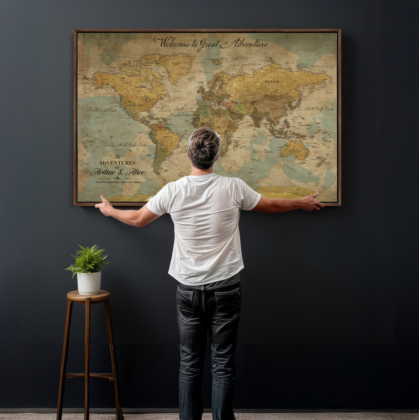 37903085-MGV-CV-36X24 - Custom Push Pin World Map Wall Art Canvas Print – Personalized Travel Tracker with Pins Framed Large for Home and Office Decor