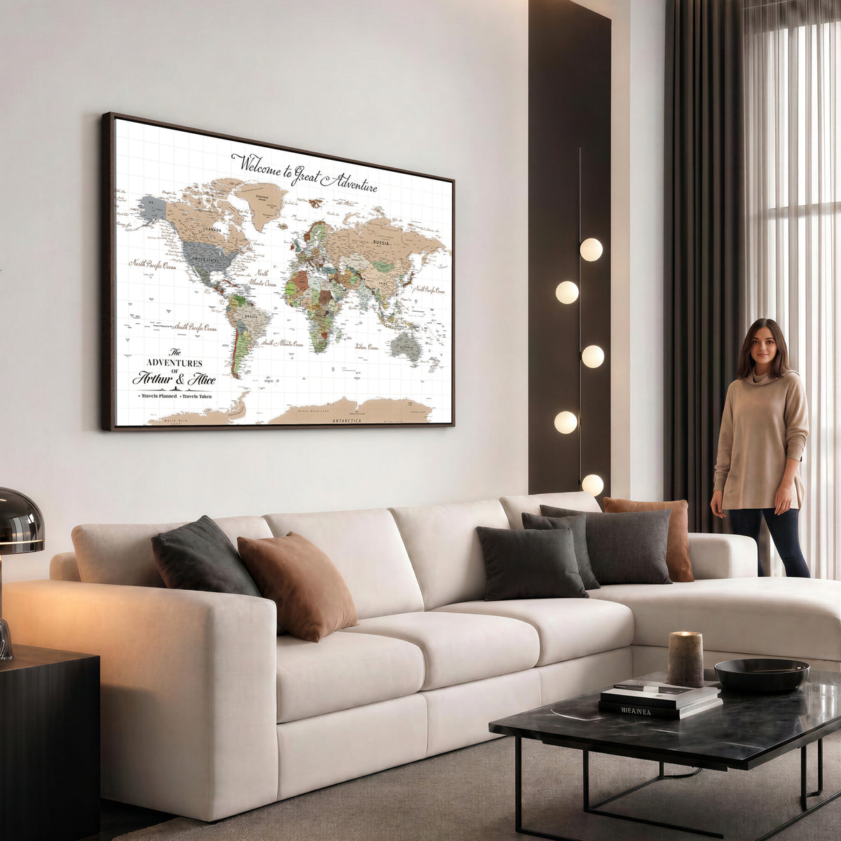 85396539-MGV-CV-36X24 - Custom Beige Push Pin World Map Wall Art, Bucket List Map, Study and Hallway Decor