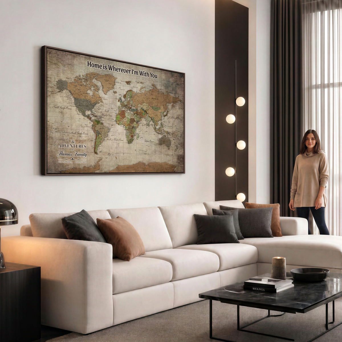 22593671-MGV-CV-36X24 - Personalized Beige Geometric World Map Canvas with Push Pins, Next Trip Planner Map, Study and Entryway Decor