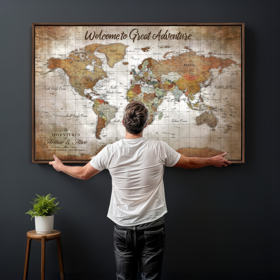 94821994-MGV-CV-36X24 - Custom Push Pin World Map Wall Art Canvas Print – Personalized Travel Tracker with Pins Framed Large for Home and Office Decor