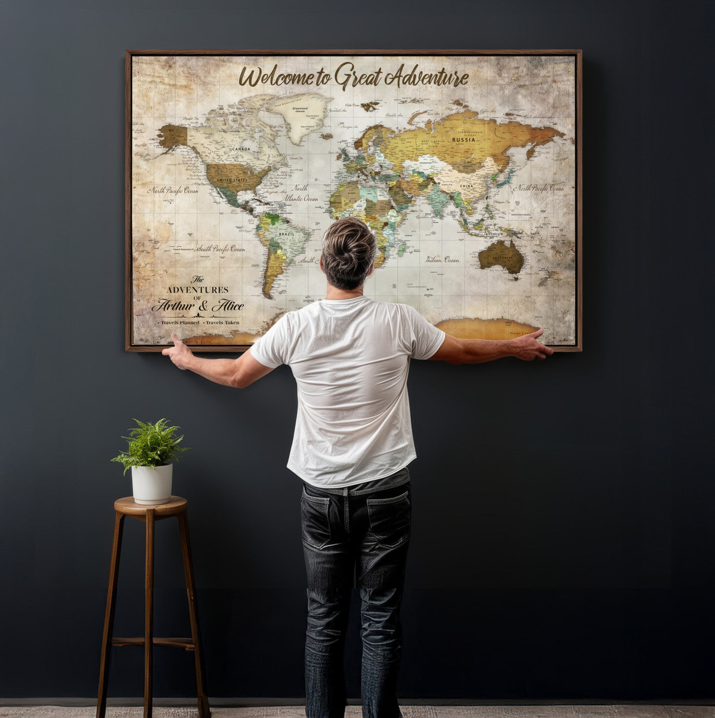 33043195-MGV-CV-36X24 - Custom Push Pin World Map Wall Art Canvas Print – Personalized Travel Tracker with Pins Framed Large for Home and Office Decor