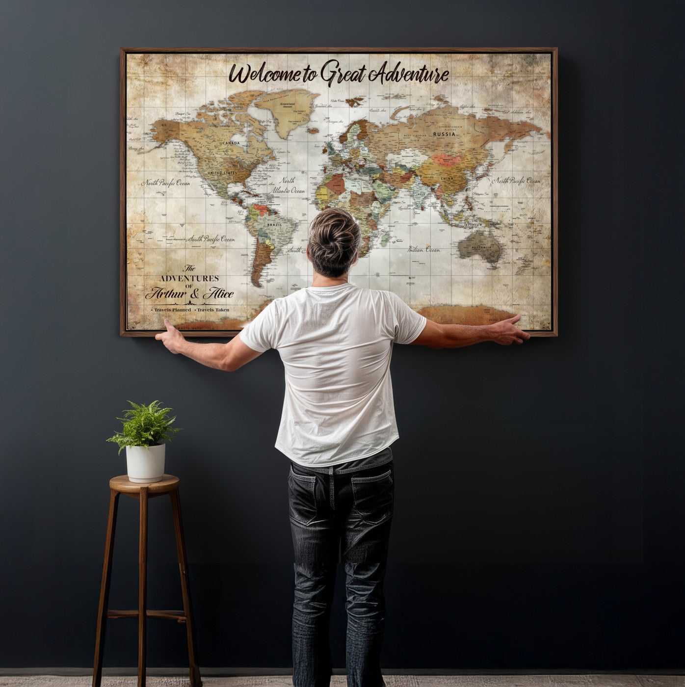 22906161-MGV-CV-36X24 - Custom Push Pin World Map Wall Art Canvas Print – Personalized Travel Tracker with Pins Framed Large for Home and Office Decor