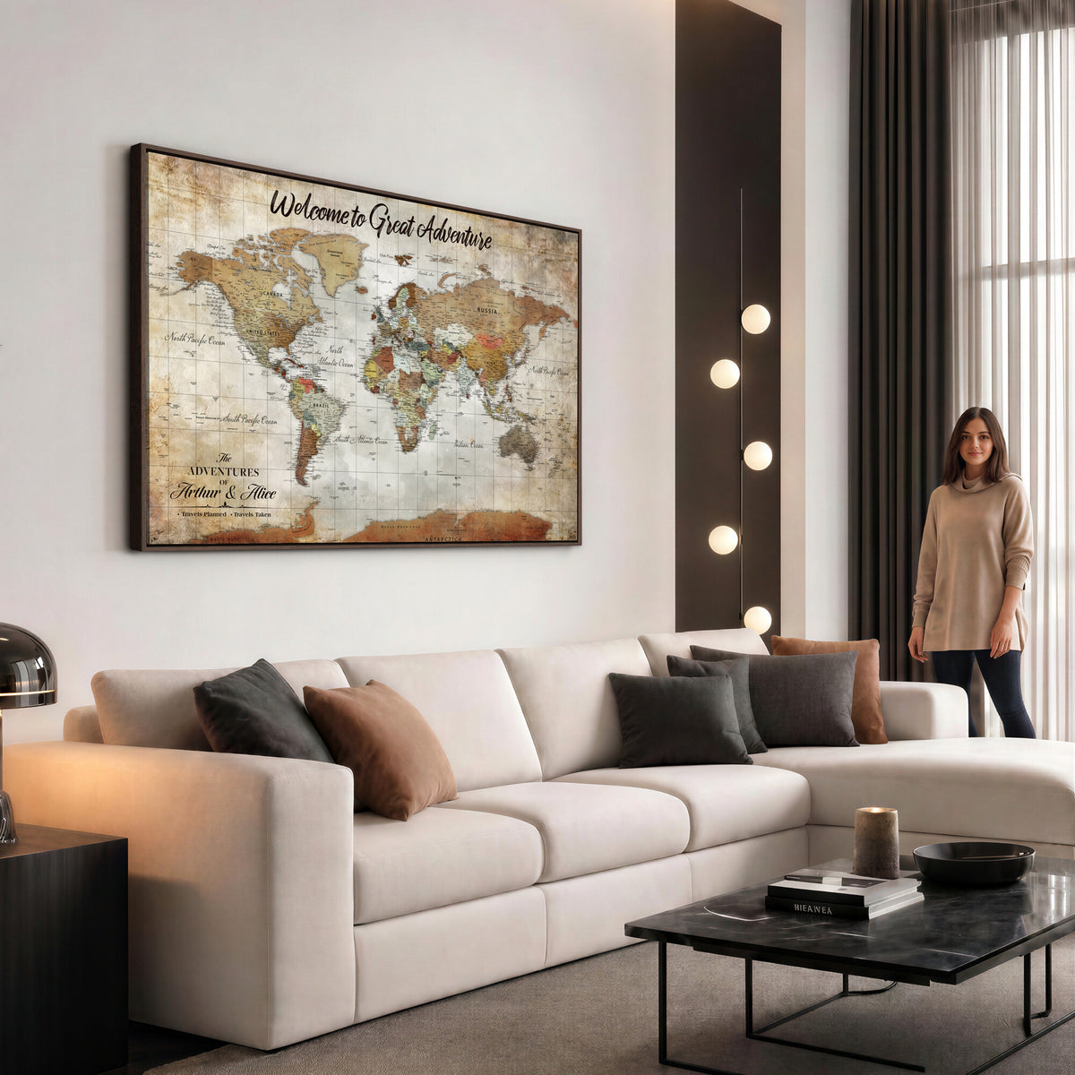 22906161-MGV-CV-36X24 - Personalized Beige Push Pin World Map Wall Art, Bucket List Map, Living Room and Family Room Decor