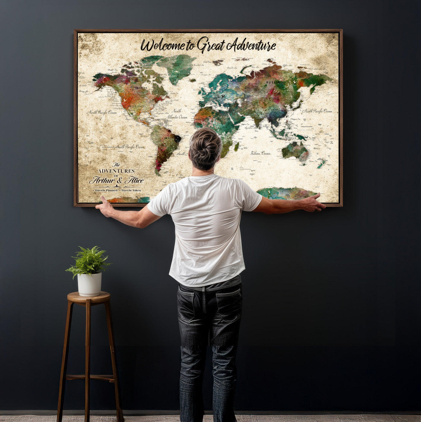 89225601-MGV-CV-36X24 - Custom Push Pin World Map Wall Art Canvas Print – Personalized Travel Tracker with Pins Framed Large for Home and Office Decor