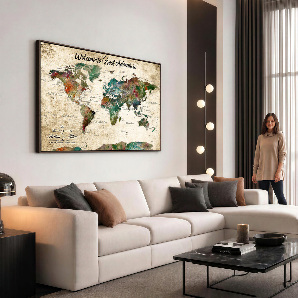 89225601-MGV-CV-36X24 - Personalized Beige Grunge World Map Canvas with Push Pins, Next Trip Planner Map, Family Room and Home Office Decor