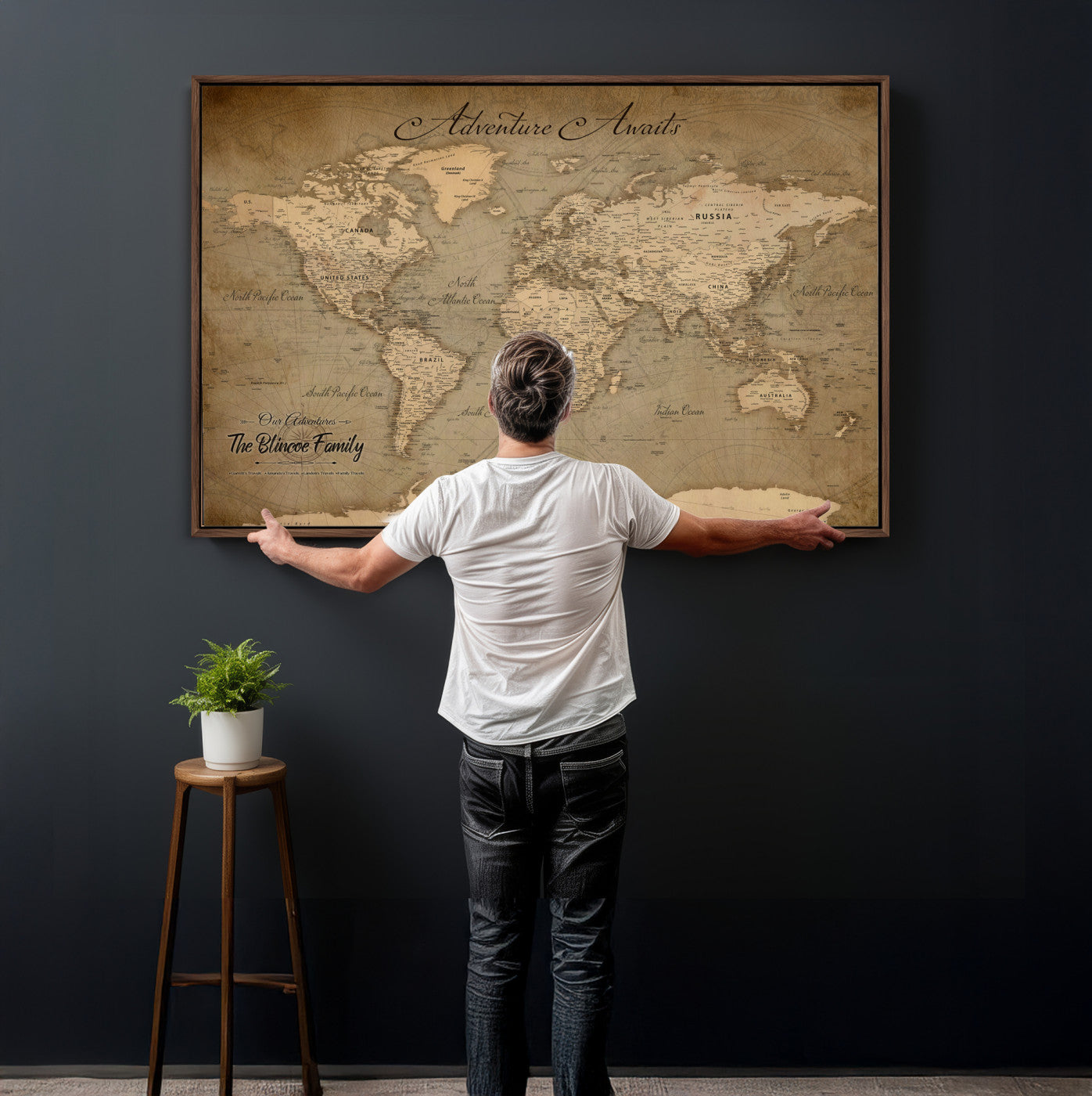 59418012-MGV-CV-36X24 - Custom Push Pin World Map Wall Art Canvas Print – Personalized Travel Tracker with Pins Framed Large for Home and Office Decor