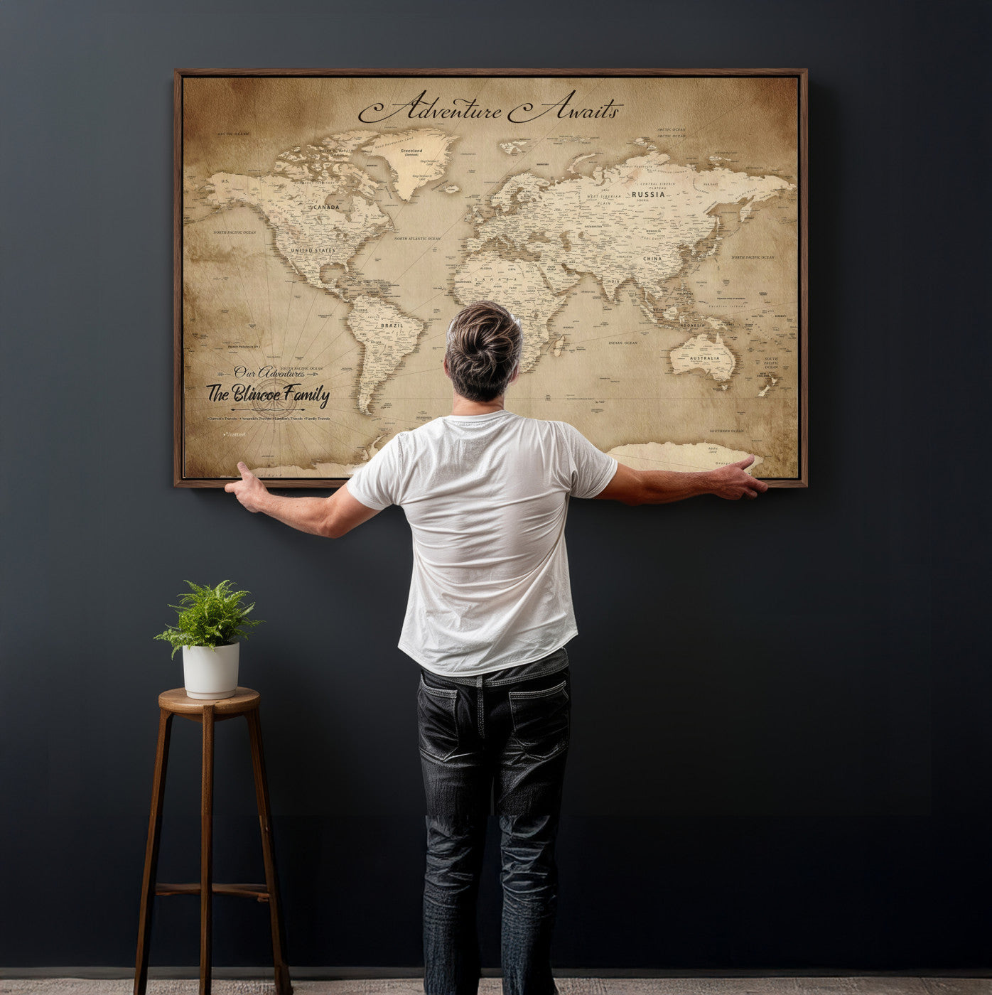 59757370-MGV-CV-36X24 - Custom Push Pin World Map Wall Art Canvas Print – Personalized Travel Tracker with Pins Framed Large for Home and Office Decor