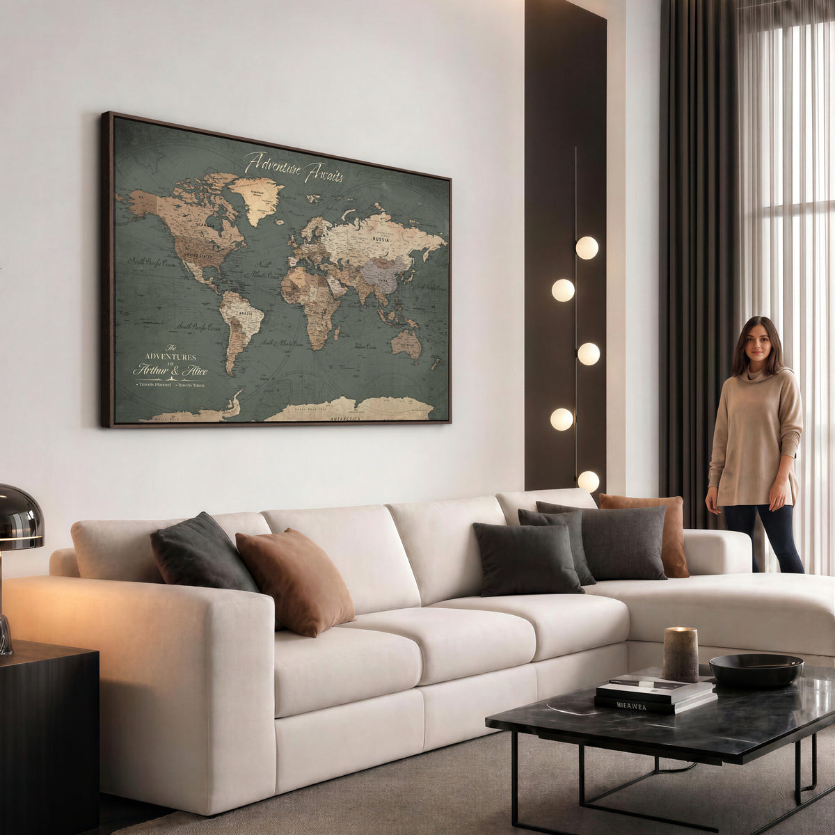 24734446-MGV-CV-36X24 - Personalized Framed Beige Modern World Map Canvas with Push Pins, Bucket List Map, Family Room and Dining Room Decor