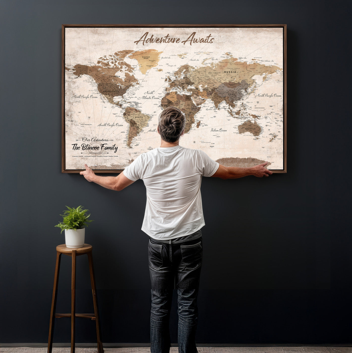 70887266-MGV-CV-36X24 - Custom Push Pin World Map Wall Art Canvas Print – Personalized Travel Tracker with Pins Framed Large for Home and Office Decor