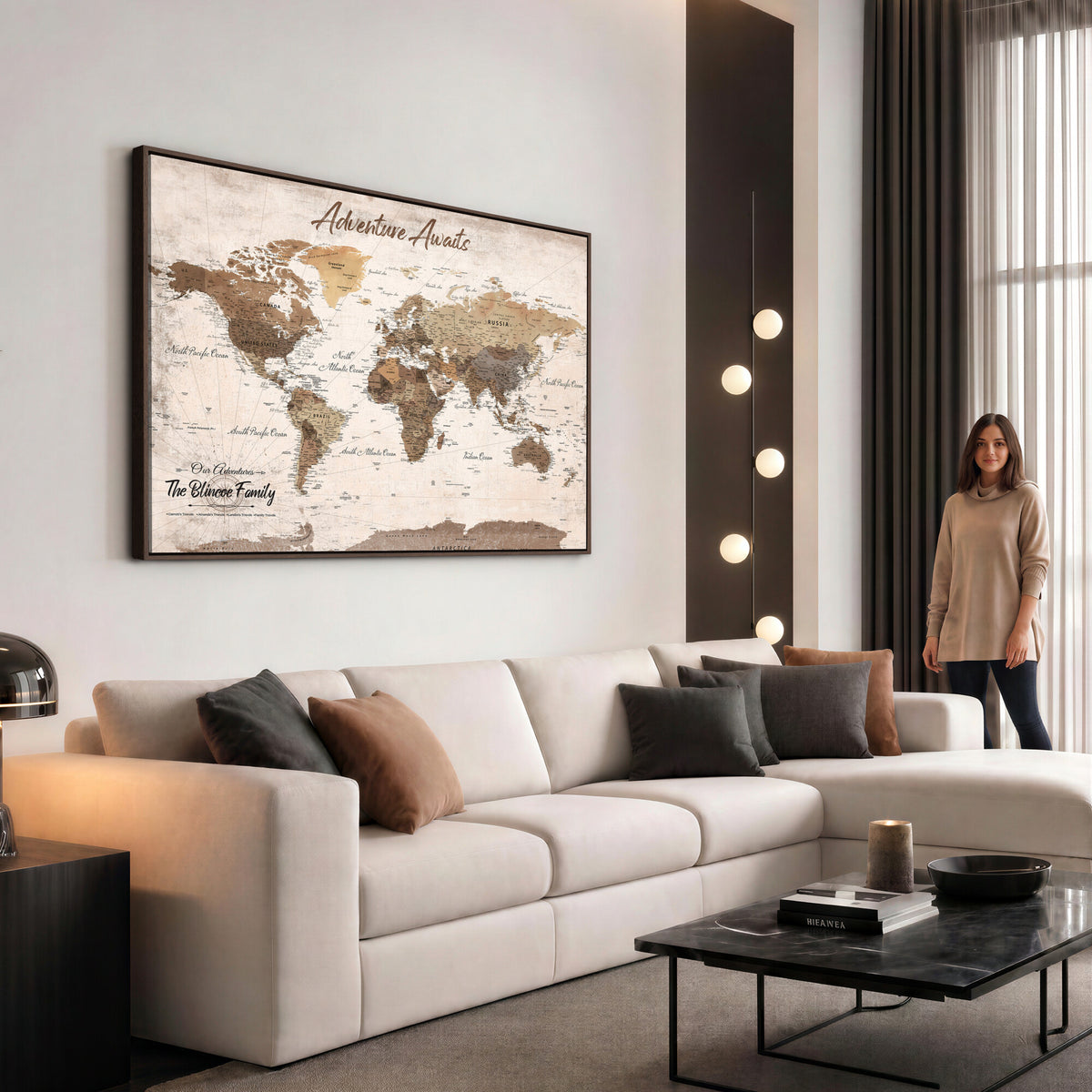 70887266-MGV-CV-36X24 - Custom Push Pin World Map Wall Art Canvas Print | Personalized Travel Tracker