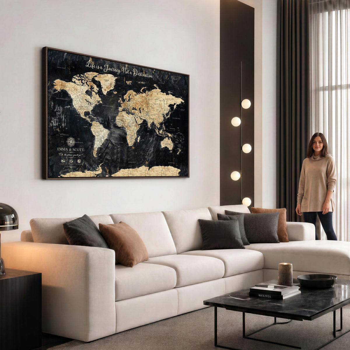 77472096-MGV-CV-36X24 - Custom Black Modern Push Pin World Map Wall Art, Next Trip Planner Map, Home Office and Entryway Decor