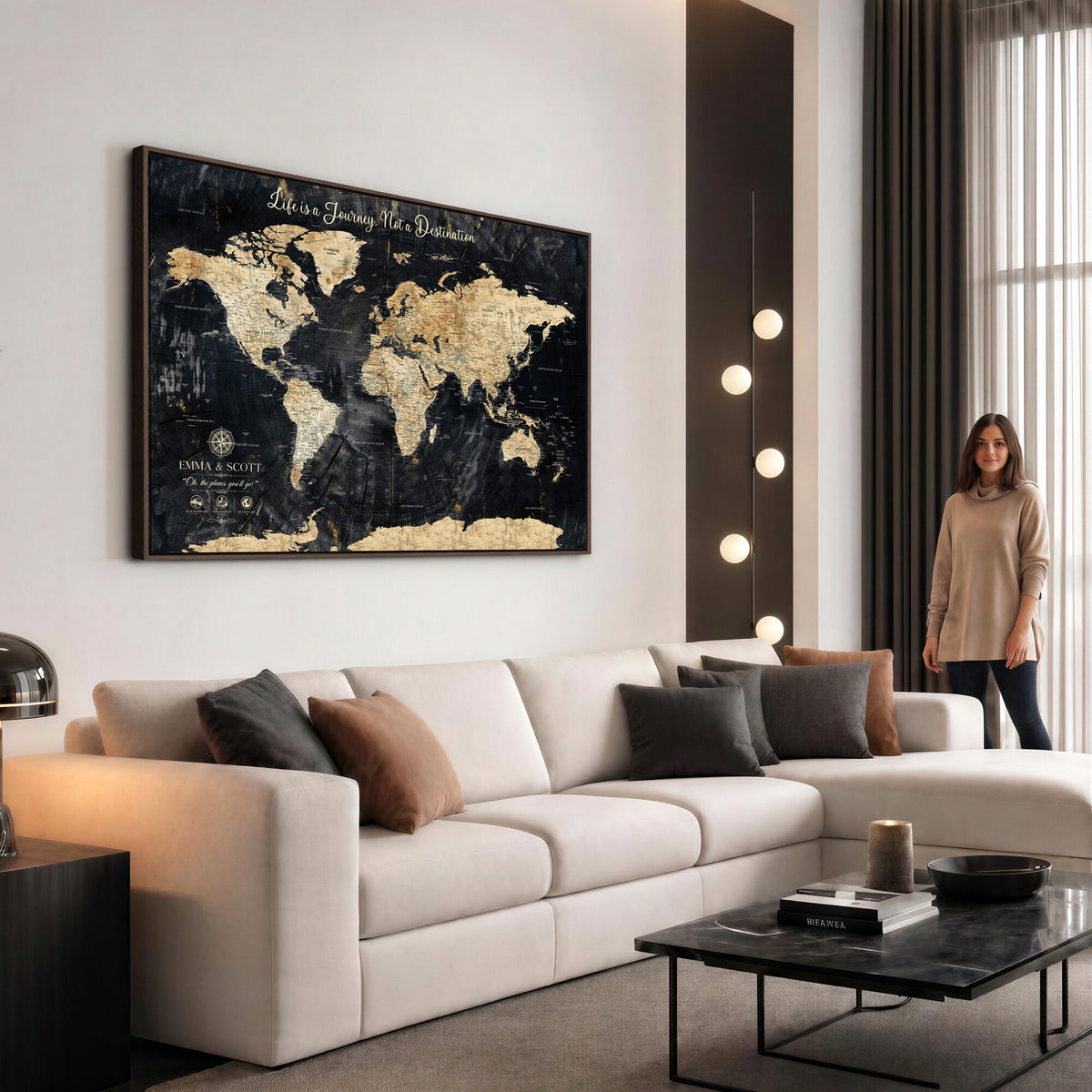 NEWMAP-13-MGV-CV-36X24 - Personalized Framed Navy Modern Push Pin World Map Canvas Print, Couples Countries Visited Map, Family Room and Study Decor