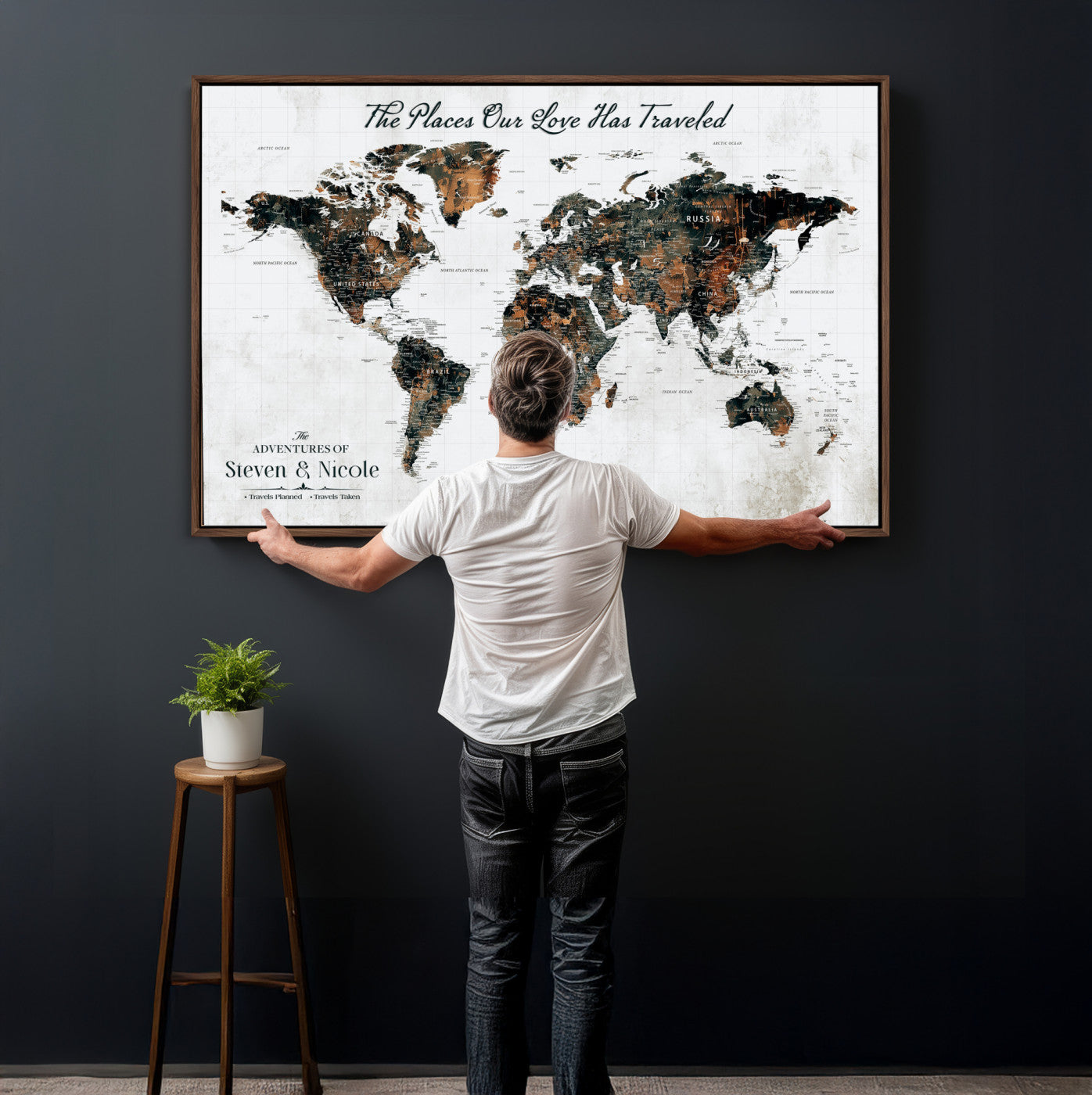 29090064-MGV-CV-36X24 - Custom Push Pin World Map Wall Art Canvas Print – Personalized Travel Tracker with Pins Framed Large for Home and Office Decor
