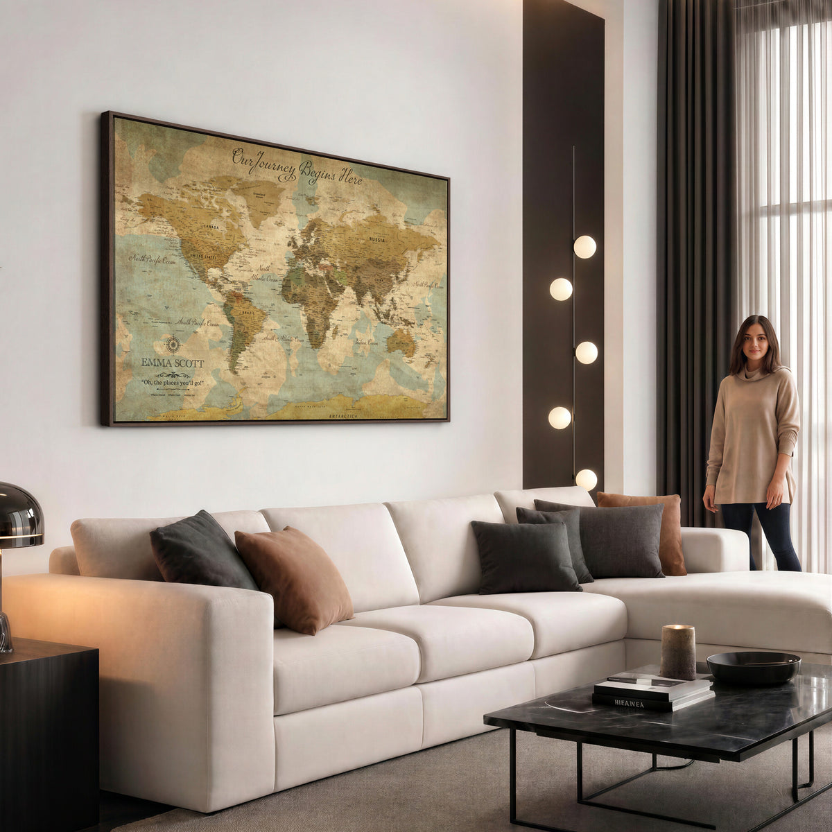66550749-MGV-CV-36X24 - Custom Push Pin World Map Wall Art Canvas Print | Personalized Travel Tracker with Pins Framed Large for Home and Office Decor