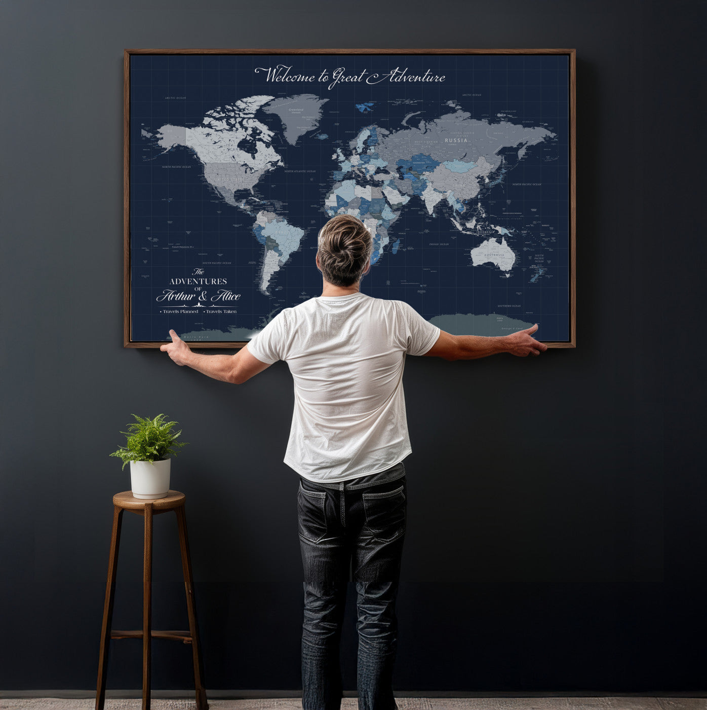 51673389-MGV-CV-36X24 - Custom Push Pin World Map Wall Art Canvas Print – Personalized Travel Tracker with Pins Framed Large for Home and Office Decor