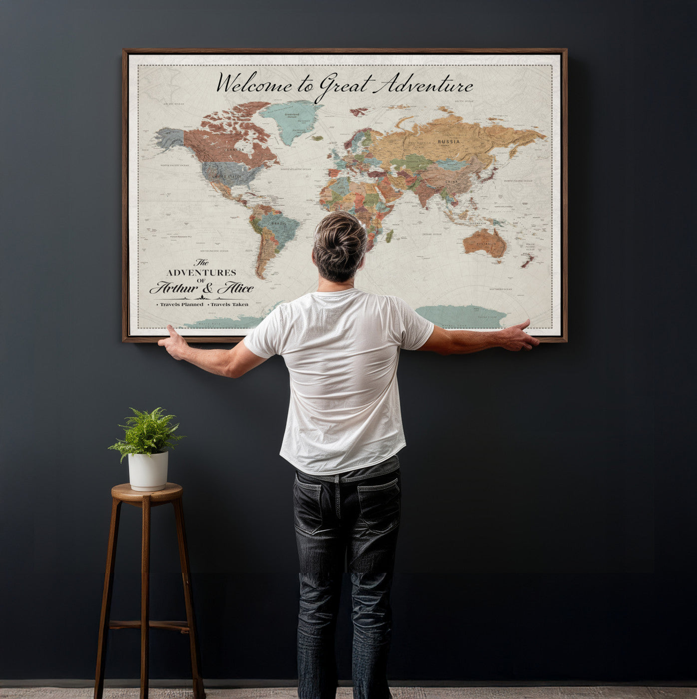 32470528-MGV-CV-36X24 - Custom Push Pin World Map Wall Art Canvas Print – Personalized Travel Tracker with Pins Framed Large for Home and Office Decor