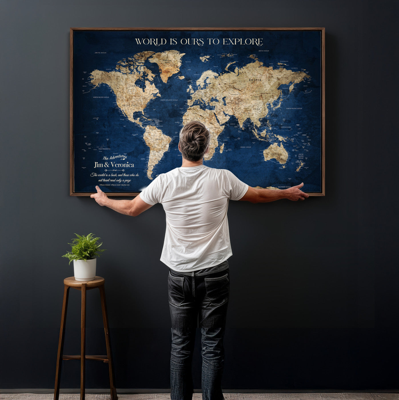 35296308-MGV-CV-36X24 - Custom Push Pin World Map Wall Art Canvas Print – Personalized Travel Tracker with Pins Framed Large for Home and Office Decor