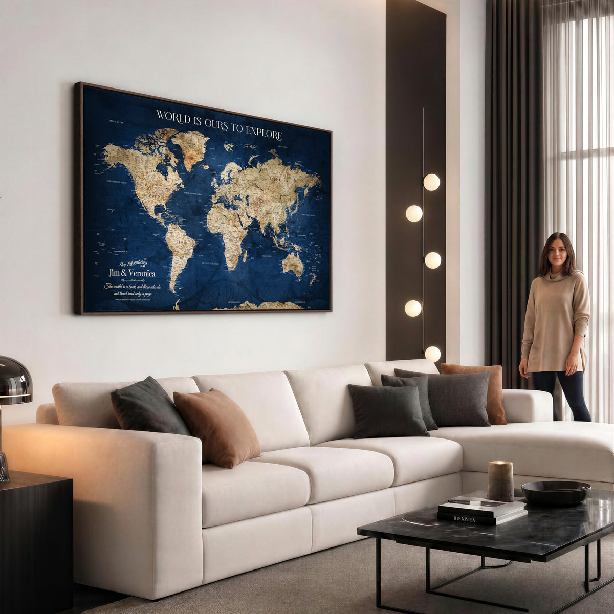 35296308-MGV-CV-36X24 - Custom Push Pin World Map Wall Art Canvas Print – Personalized Travel Tracker with Pins Framed Large for Home and Office Decor