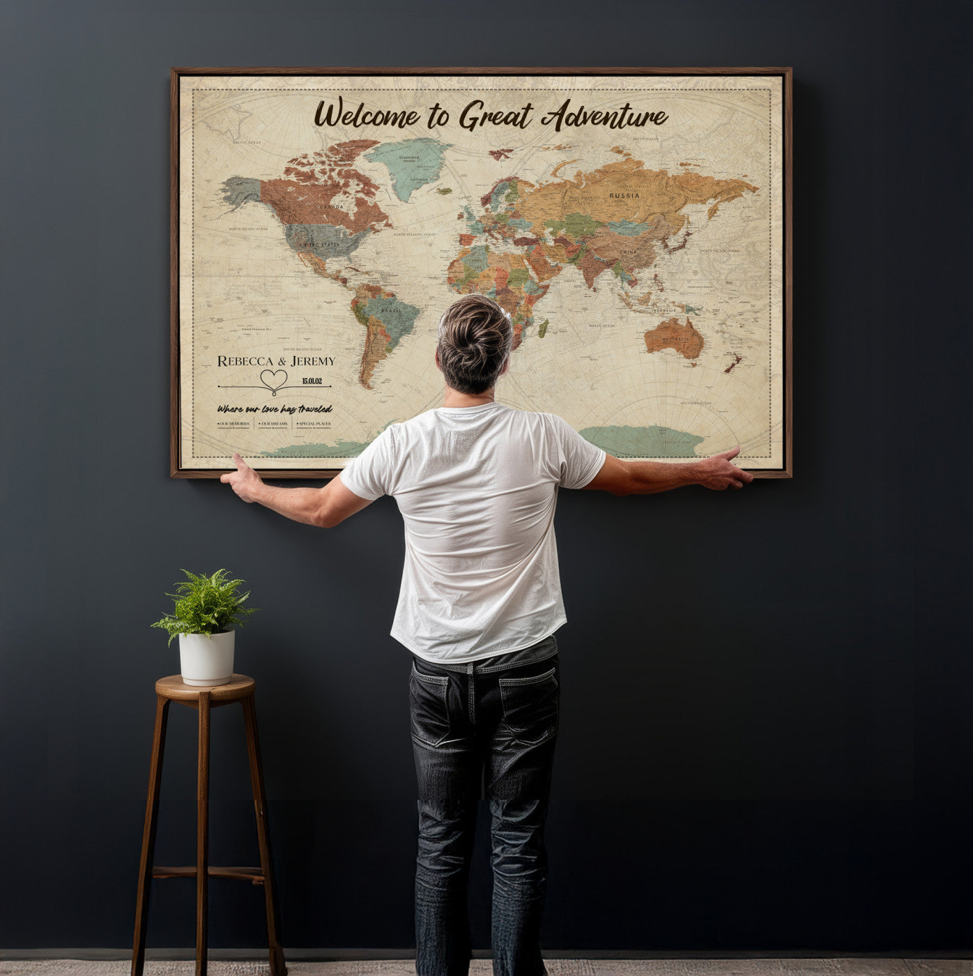 44361524-MGV-CV-36X24 - Custom Push Pin World Map Wall Art Canvas Print – Personalized Travel Tracker with Pins Framed Large for Home and Office Decor