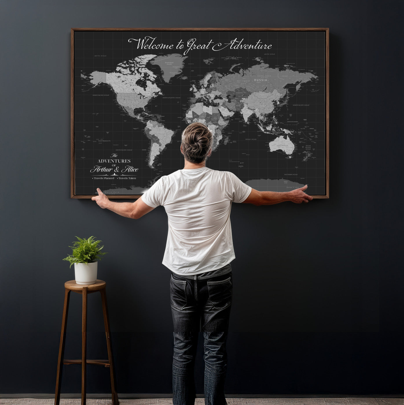 57127599-MGV-CV-36X24 - Custom Push Pin World Map Wall Art Canvas Print – Personalized Travel Tracker with Pins Framed Large for Home and Office Decor