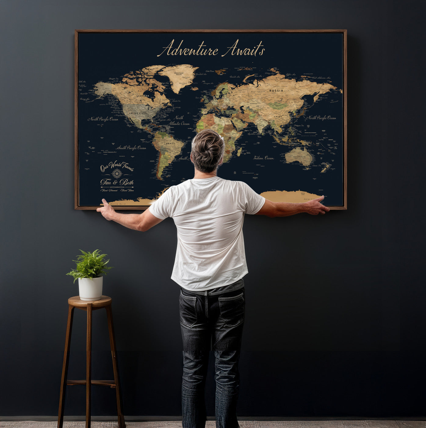 45739634-MGV-CV-36X24 - Custom Push Pin World Map Wall Art Canvas Print – Personalized Travel Tracker with Pins Framed Large for Home and Office Decor