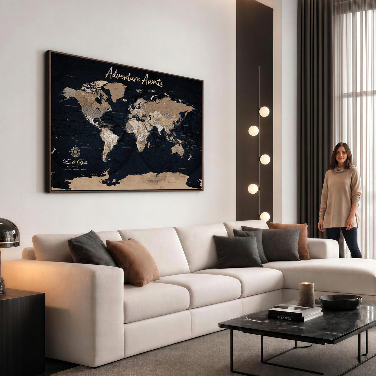 66938317-MGV-CV-36X24 - Custom Push Pin World Map Wall Art Canvas Print | Personalized Travel Tracker with Pins Framed Large for Home and Office Decor