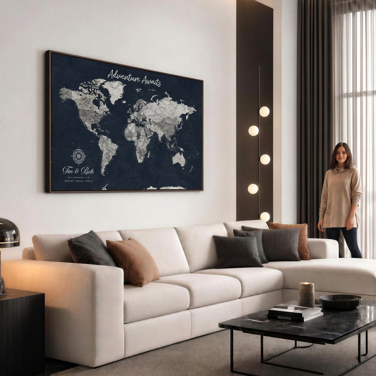 32031089-MGV-CV-36X24 - Custom Push Pin World Map Wall Art Canvas Print | Personalized Travel Tracker with Pins Framed Large for Home and Office Decor