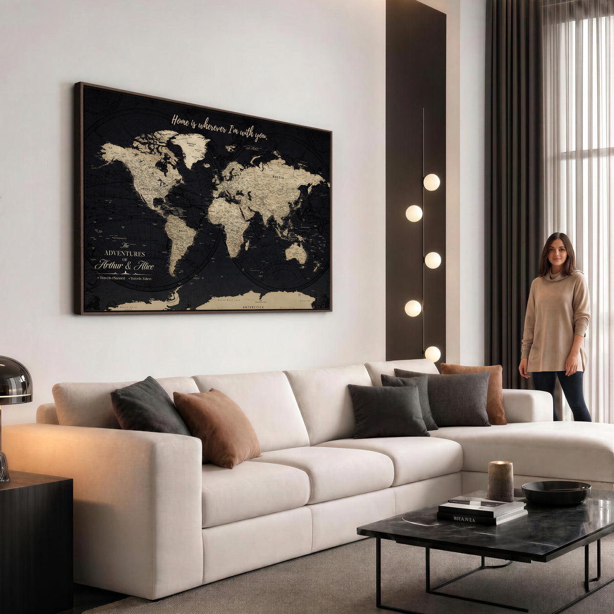 31416046-MGV-CV-36X24 - Custom Framed Beige Vintage Push Pin Travel Map Canvas Print, Honeymoon and Anniversary Gift, Study and Hallway Decor