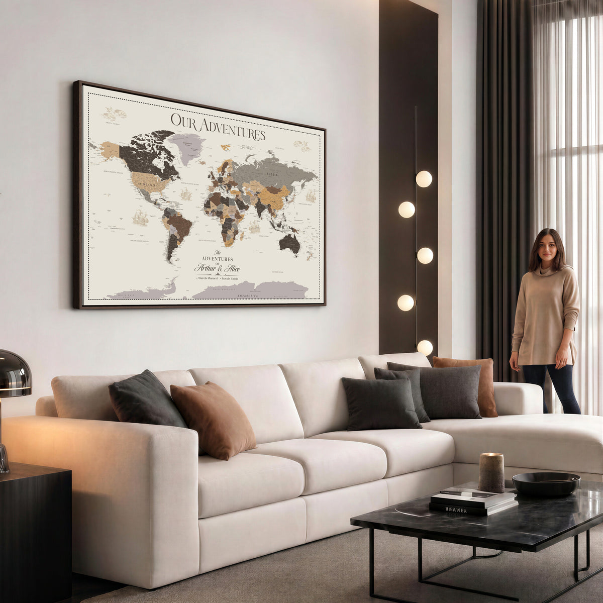 66301646-MGV-CV-36X24 - Custom Push Pin World Map Wall Art Canvas Print | Personalized Travel Tracker with Pins Framed Large for Home and Office Decor
